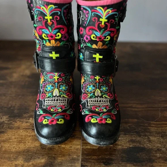 Old Gringo Klak Sugar Skull Black Leather Rainbow Biker Boots 7.5 - Picture 3 of 15